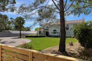 Front yard with wooden fence